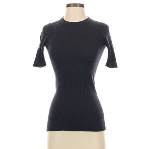 Everlane 100% Wool Ribbed Mock Neck Short Sleeve Sweater Navy Small